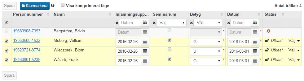 Det är endast betyg som man tabbar emellan.