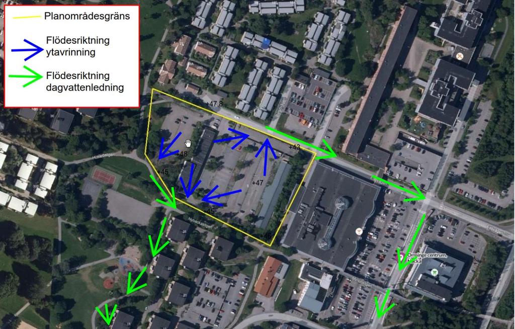 Figur 4. Aktuella flödesriktningar för dagvatten inom studerat område. Området är förhållandevis plant.