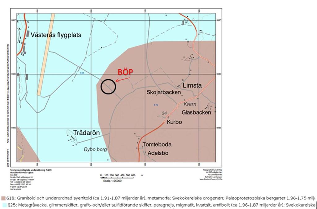 Sidan 13 av 58 Figur 8. SGU:s berggrundskarta (1:25 000). Området för brandövningsplatsen är markerade med en svart cirkel.