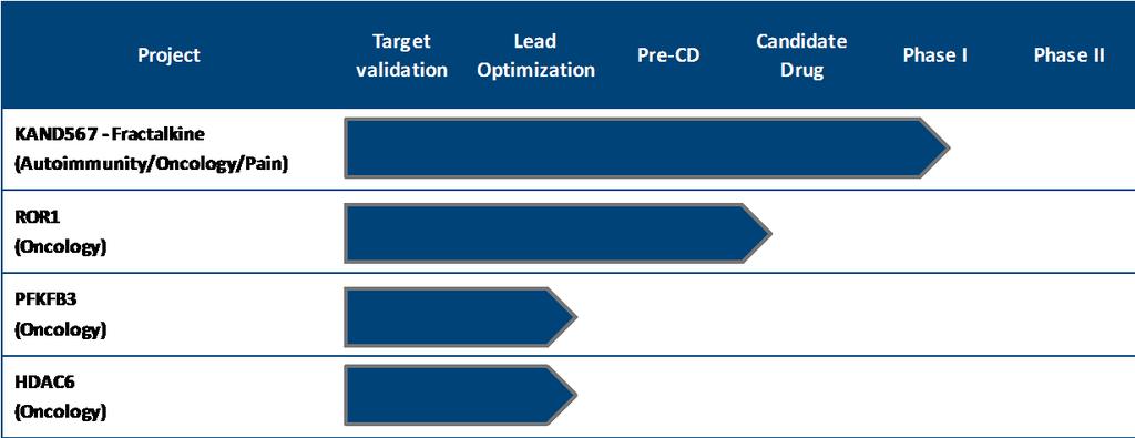 LÄKEMEDELSUTVECKLING Bolaget har fyra läkemedelsprojekt i portföljen: KAND567 - Blockerare av Fractalkinereceptorn CX3CR1 för behandling av autoimmuna sjukdomar, smärta och cancer.
