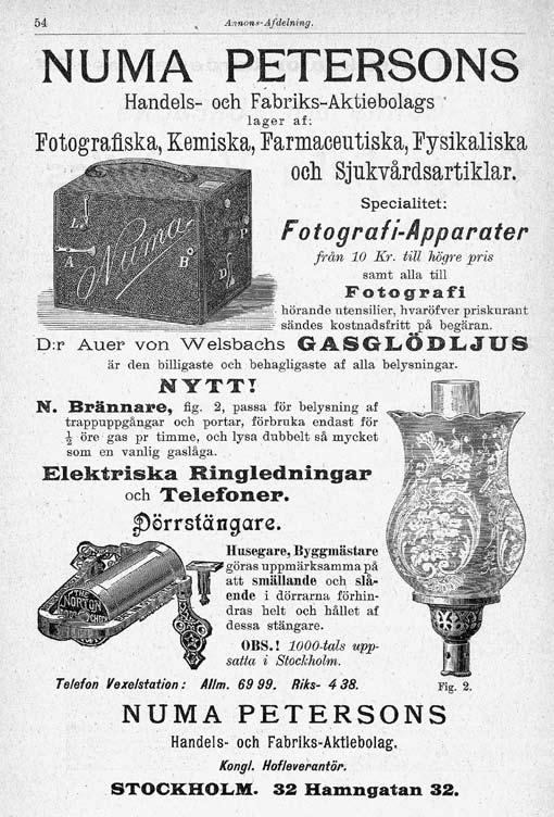 Att saluföra modernitet 177 rades det för Bells telefoner i stockholmspressen av Joseph Leja, ena roten till Nordiska Kompaniet, och Numa Peterson. 19 Under våren 1878 anlitade Numa L. M.