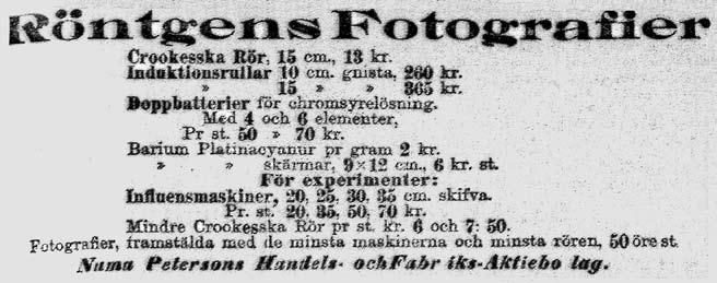 Medier som modern magi 241 Röntgenreklam från Numa Petersons firma. Ur Dagens Nyheter 30/3 1896.