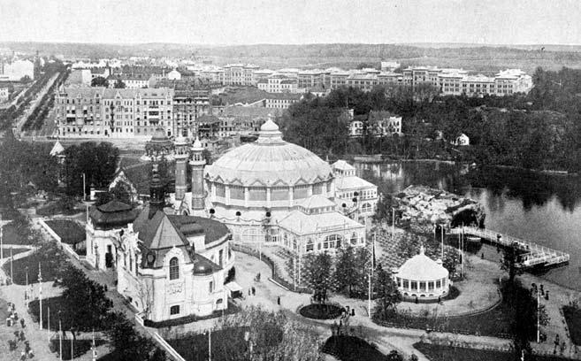 Det vertikala arkivet 299 Exteriör från höjden: Stockholms stads paviljong, Hufvudrestauranten och Sagogrottan.