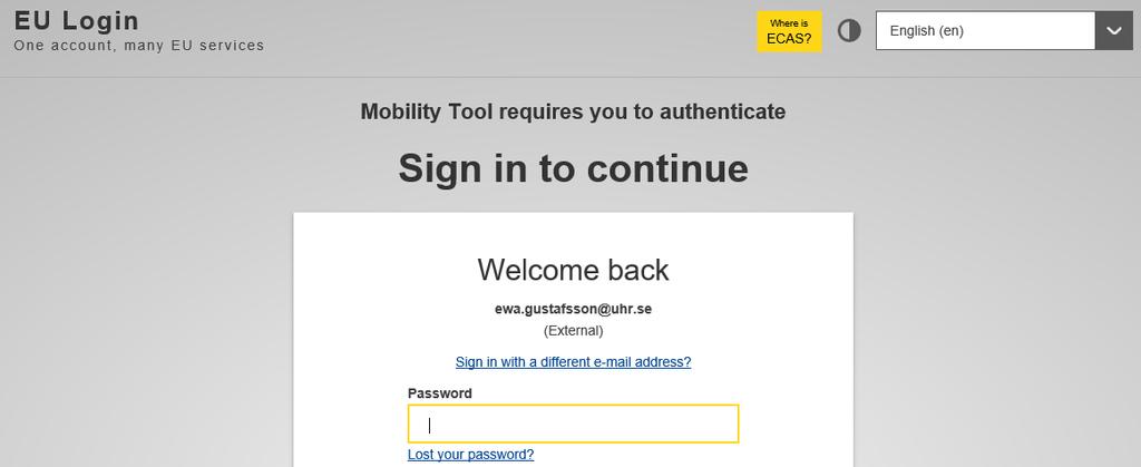Mobility Tool+ inloggning För att kunna logga in på Mobility Tool+ = krävs att personen har ett EU Login-konto. Två olika it-verktyg som jobbar ihop.