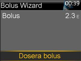 Exempel: Blodsockervärde på 7,2 mmol/l och kolhydratmängd = 35 gram 1 Startskärm > Bolus > Bolus Wizard På skärmen Bolus Wizard visas ditt aktuella BSmätarvärde (eller så kan du lägga in det