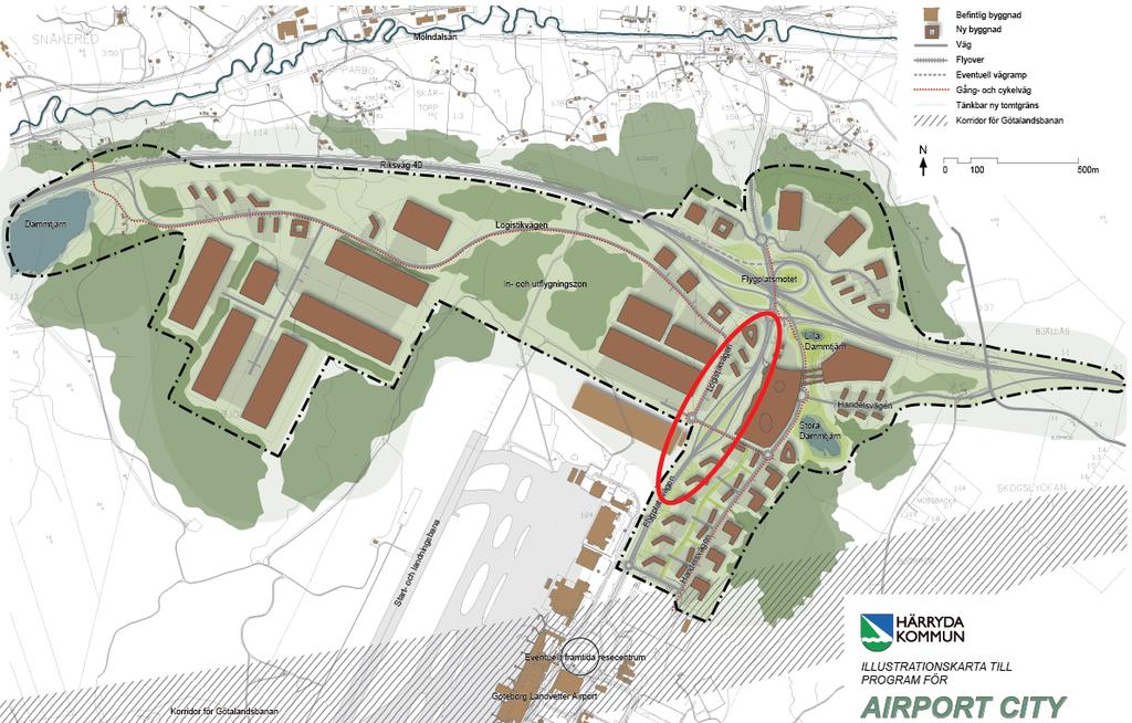 1.4 Utredningsområdet 5 (16) Utredningsområdet för den planskilda korsningen är beläget utmed den befintliga Flygplatsvägen, mellan delområde centrum och delområde öster, se Figur 3.