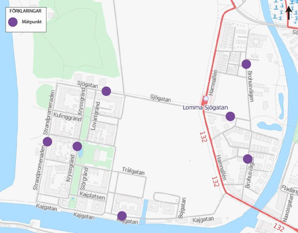 Figur 2.11: Karta över de sju mätplatserna (Trafikia, 2014 och OpenStreetMaps bidragsgivare, 2014, bearbetad). 2.3.