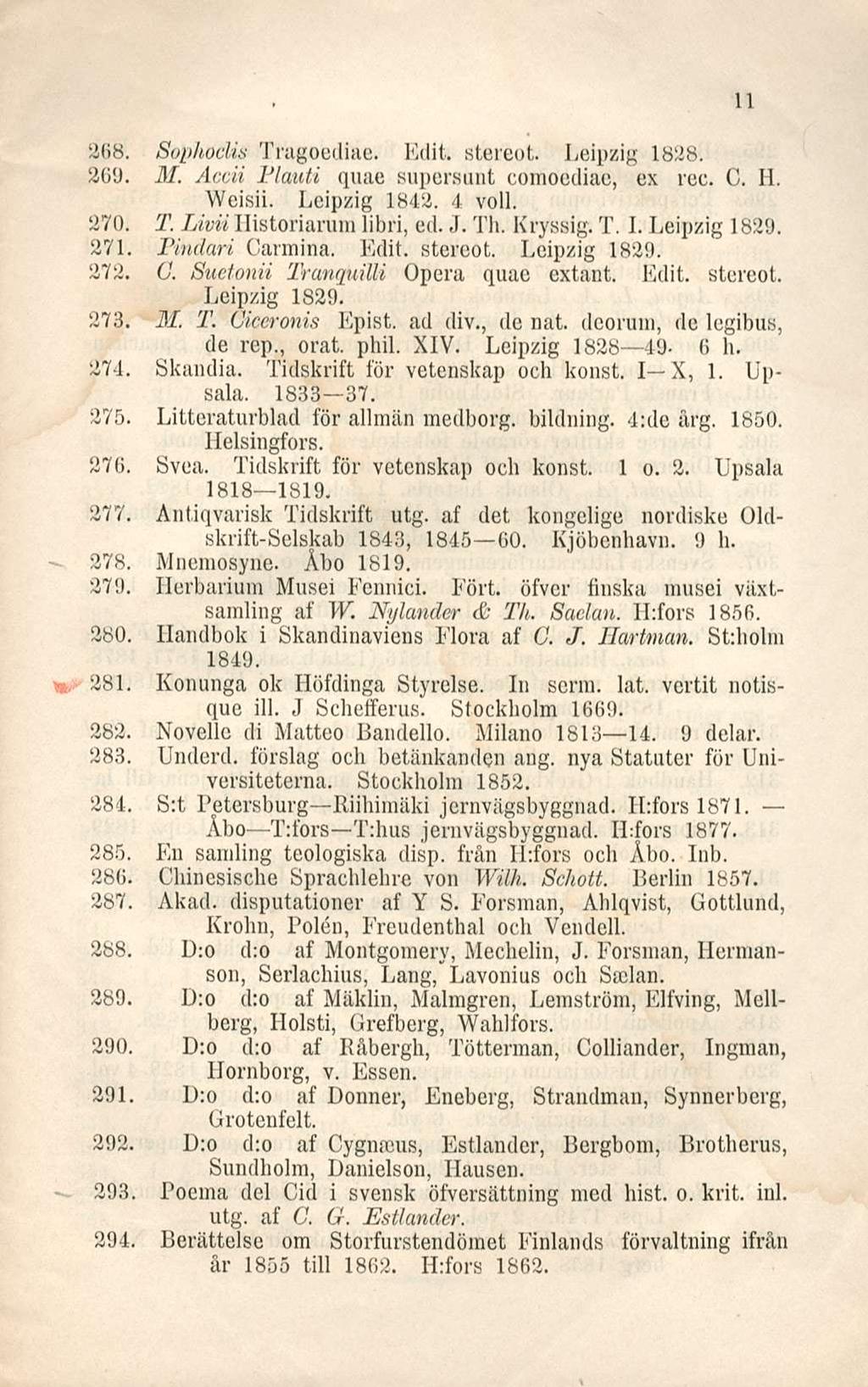 268. Sophoclis Tragoediae. Edit. stereot. Leipzig 18:28. 269. M. Accii Plttuti quae supereunt comoediae, ex rec. C, 11. Weisii. licipzig 1842. 4 voll. 270. T. Livii Historiarum libri, ed. J. Th.
