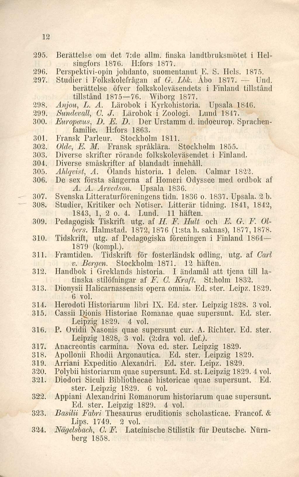 12 295. Berättelse om det 7:de allin, finska landtbruksmötet i Helsingfors 1876. ILibrs 1871. 296. Perspektivi-opin johdanto, snomentaiuit E. S. Ilels. 1875. 297. Studier i Folkskolefrågan af G. IM.