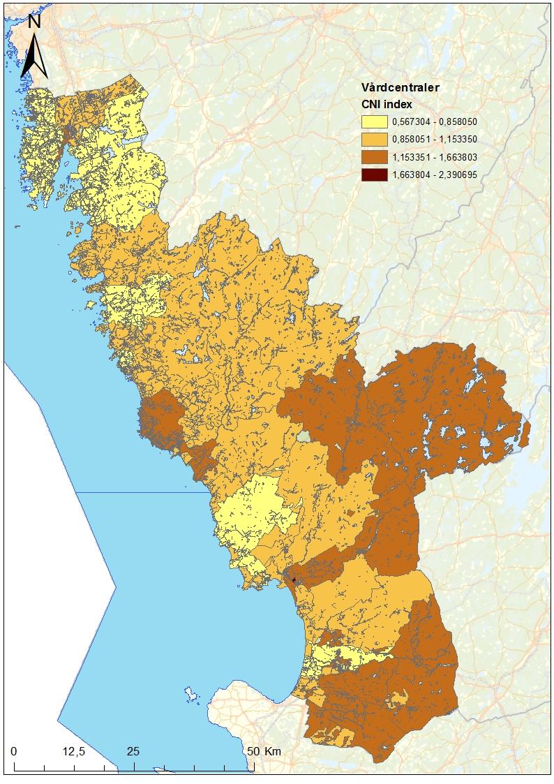 CNI (care need index) per vårdcentral Skillnader i risk för ohälsa mellan olika VC och deras listade medborgare Socioekonomiska