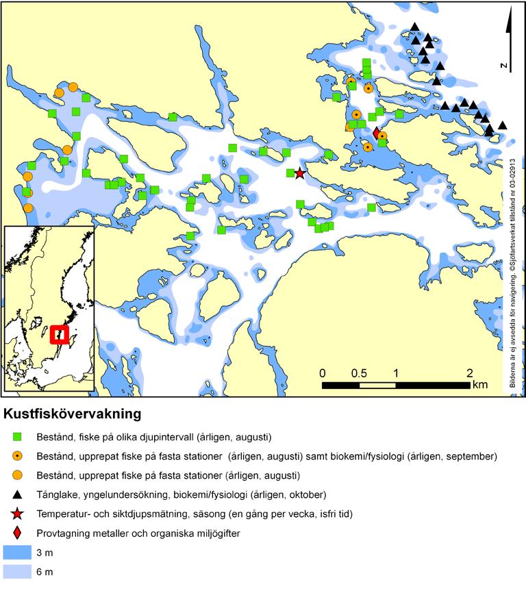 Karta över Kvädöfjärden Resultat kustfiskövervakningen Temperatur och siktdjup Det ses en minskande trend för siktdjup och en ökande trend för temperatur i en längre tidsserie