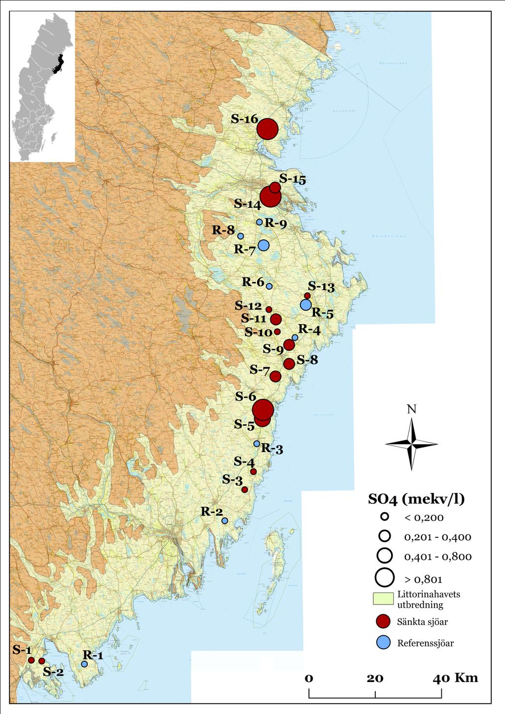 Figur 4: Uppmätt sulfathalt i referenssjöar samt sänkta sjöar med Littorinahavets utbredning markerat i gult. Kartmaterialet är baserat på data från SGU (2012), SLU (2012) samt Ivarsson m.fl. (1999).