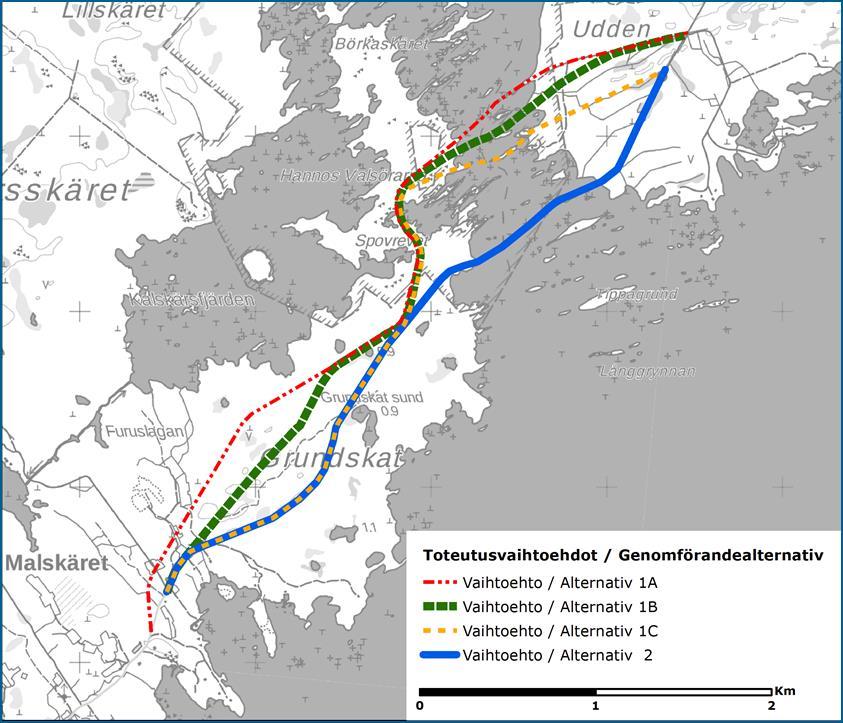 FCG DESIGN OCH PLANERING AB Korsholms världsarvsväg 13 (65) Alternativ 1: Vägen anläggs längs rutten: Grundskat Hannos Valsörarna Uddströmmen Udden A) Rutt 1A löper genom Grundskat längs