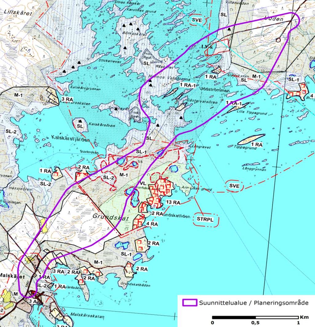 28 (65) Korsholms världsarvsväg FCG DESIGN OCH PLANERING AB Bild 5.7. Utdrag ur Björkö-Replots stranddelgeneralplanen. Planeringsområdets avgränsning har ritats in på plankartan.