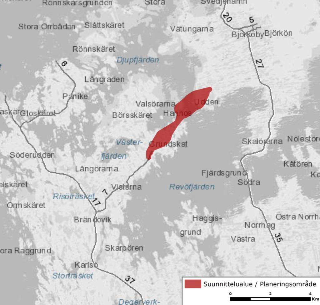 FCG DESIGN OCH PLANERING AB Korsholms världsarvsväg 59 (65) Bild 5.28. Volymen av tunga fordon i närheten av planeringsområdet år 2015 (Trafikverket 2016). Planeringsområdet har ritats in på kartan.