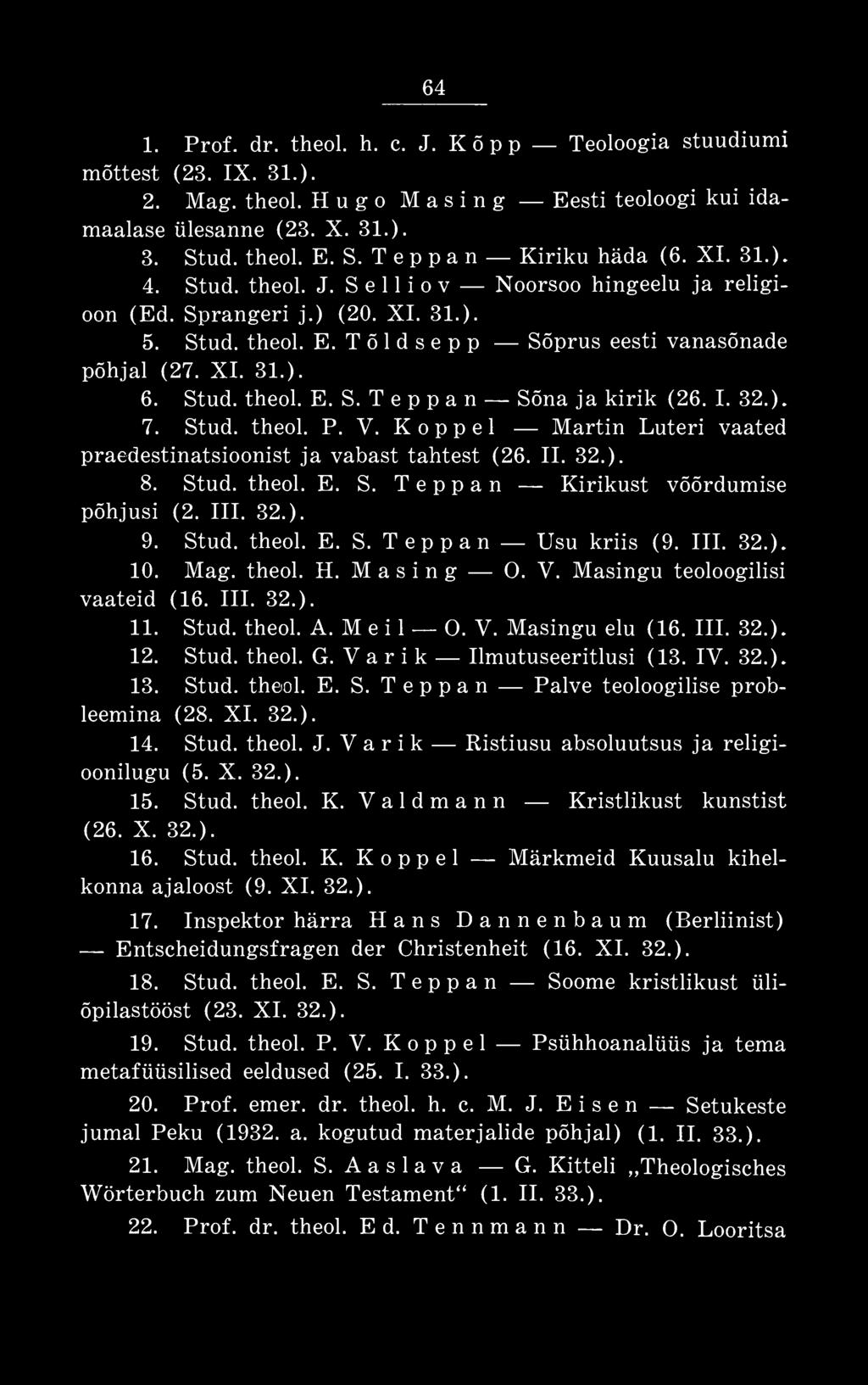 V a r i k Ilmutuseeritlusi (13. IV. 32.). 13. Stud. theol. E. S. Teppan Palve teoloogilise probleemina (28. XI. 32.). 14. Stud. theol. J. Varik Ristiusu absoluutsus ja religioonilugu (5. X. 32.). 15.