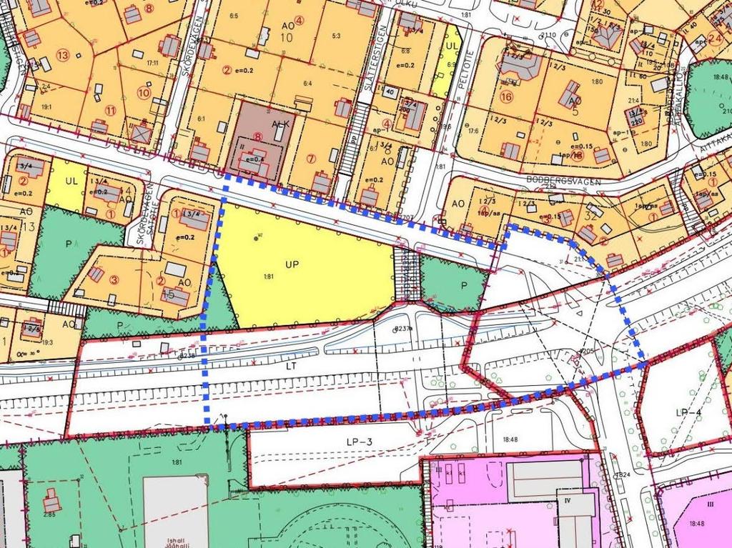 - 1979: Park- (P) och bollplansområden (UP) och område för lätt trafik mellan Ålövägen och Skärgårdsvägen. - 1981: Gångtunnel i Skärgårdsvägens trafikområde. Utdrag ur detaljplanesammanställningen.