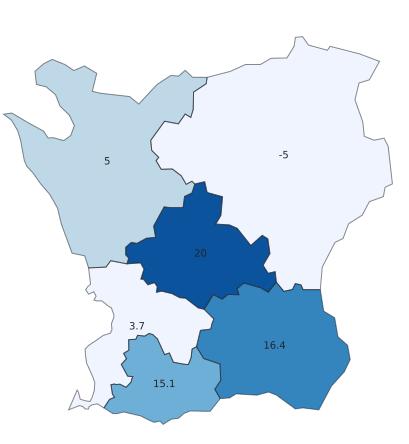 Den kommun som backar mest är Kristianstad med -8,8 %. Fyra destinationer ökar antalet gästnätter.