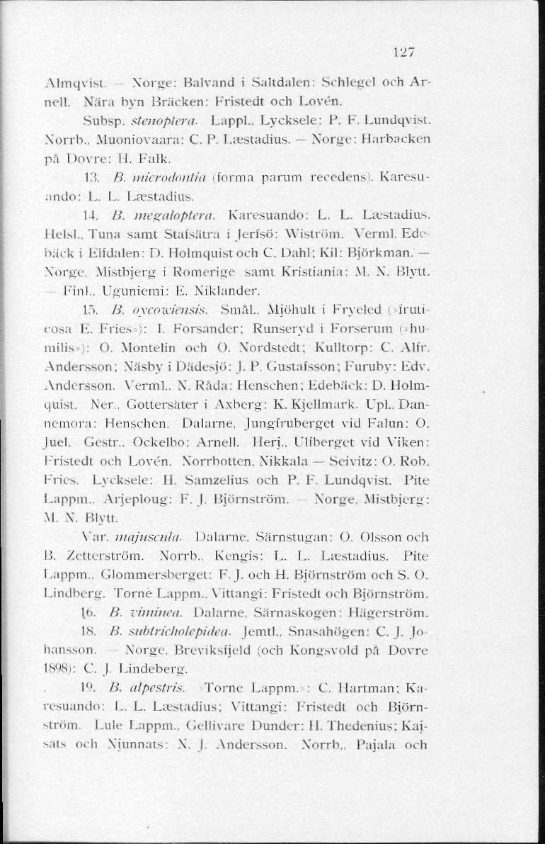 127 Almqvist. Norge: Balvand i Saltdalen: Schlegel och Arnell. Nära hyn Blacken: Fristedt och Loven. Subsp. stenoptera- Lappl.. Lycksele: P. F. Lundqvist. Xorrb.. Muoniovaara: C. P. La-stadius.