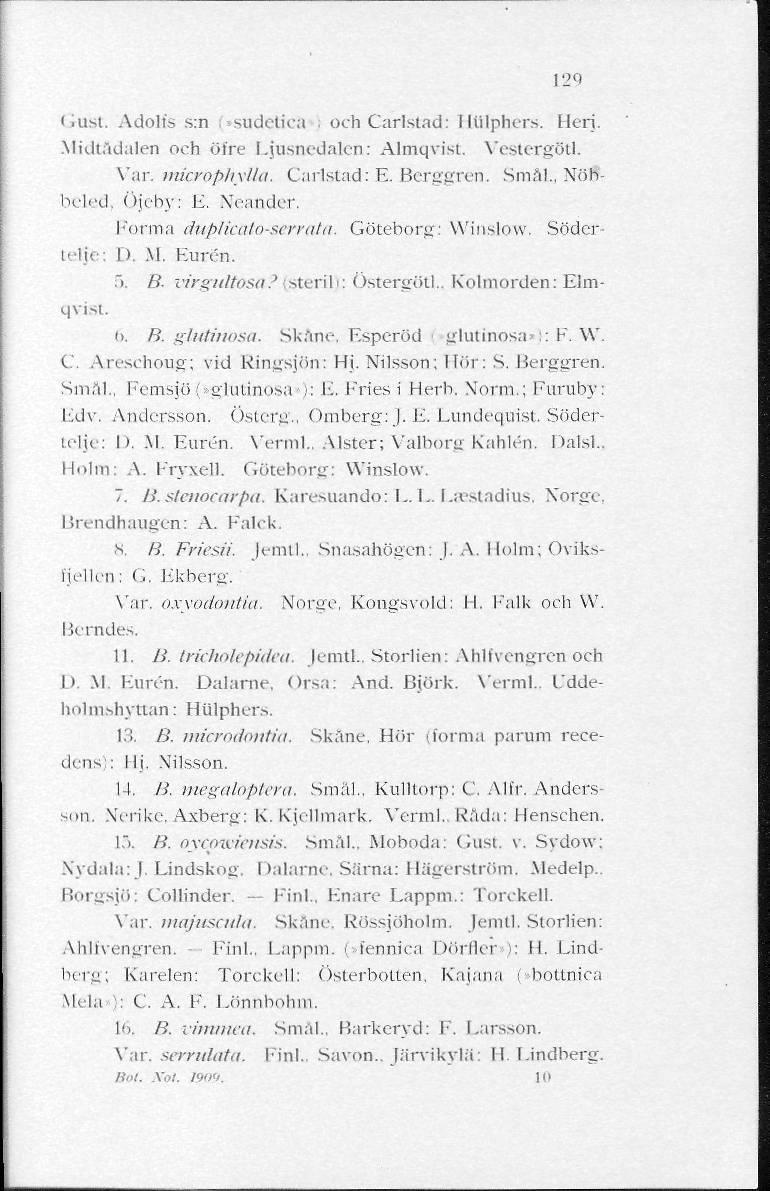 129 (iust. Adolfs s:n siidelica. och Carlstad: Ilulphcrs. Heri. Midtädalen och öfre Ljusnedalen: Almqvist. Vestergötl. Var. näcrophylla. Carlstad: E. Berggren. Smal., Nölv beled, öjeby: E.