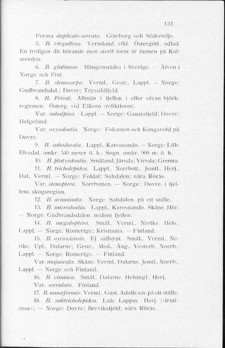 131 Forma duplicato-serrata. Göteborg' och Södertelje. 5. B. vtrgtdtosa. Vermland, vild. ÖstergötJ., odlad. En troligen dit hörande men steril form är funnen pä Kolmorden. 6. B. glutinosa.