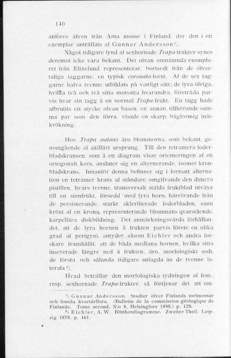 I4ii anföres äfven från Anta mosse i I-inland, der den i ett exemplar anträffats af Gunnar Andersson 1 :. Något tidigare fynd af sexhornade Trapa-fnxkter synes deremol icke vara bekant.