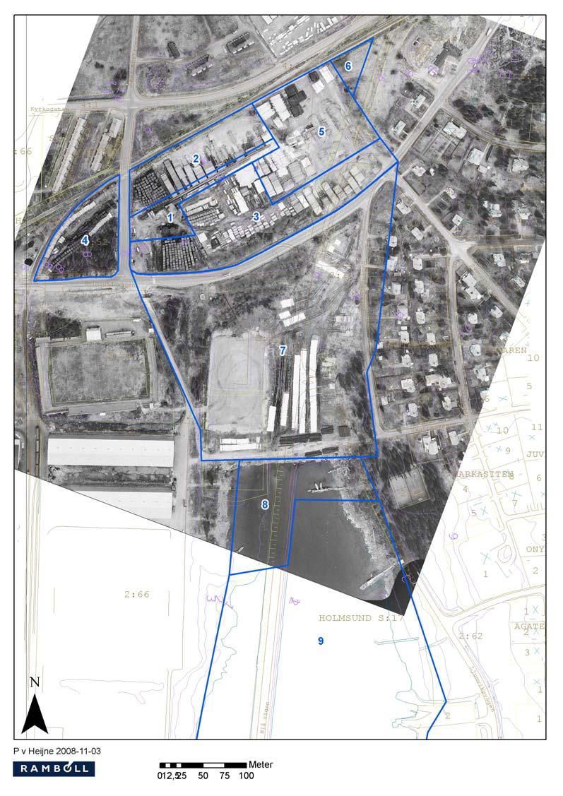 FD träimpregneringsområde, Holmsund Flygbild från 1971 Områdesindelning (enl. WSP 2007) 1 Tub m.