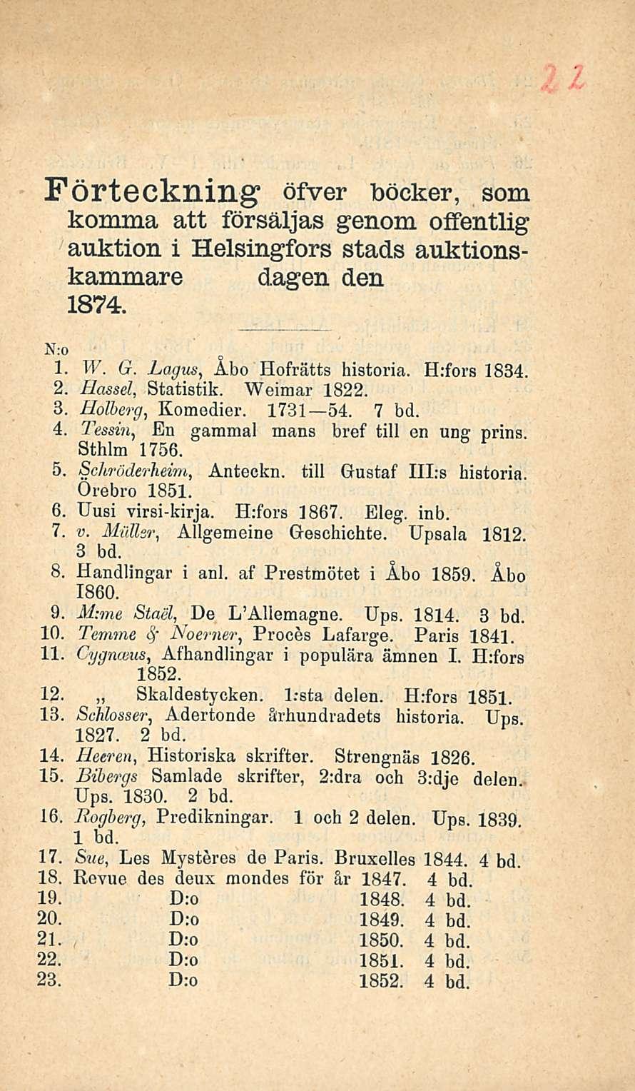 Förteckning 1 Öfver böcker, som komma att försäljas genom offentlig auktion i Helsingfors stads auktionskammare dagen den 1874. N:o W. G. Lagus, Åbo Hofrätts historia. Hrfors 1834.