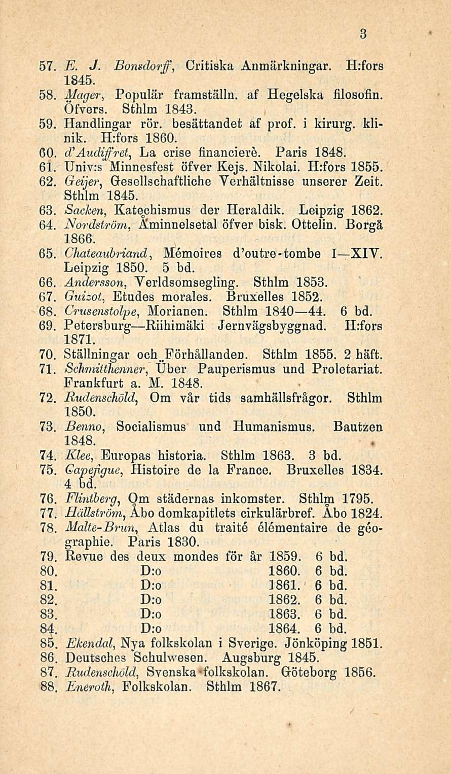 57, 58, 59, 60, 61 62, 63 64. 65, E. J. Bonsdorff, Critiska Anmärkningar. H:fors 1845. Mager, Populär fvamställn. af Hegelska filosofin. Öfvers. Sthlm 1843. Handlingar rör. besättandet af prof.