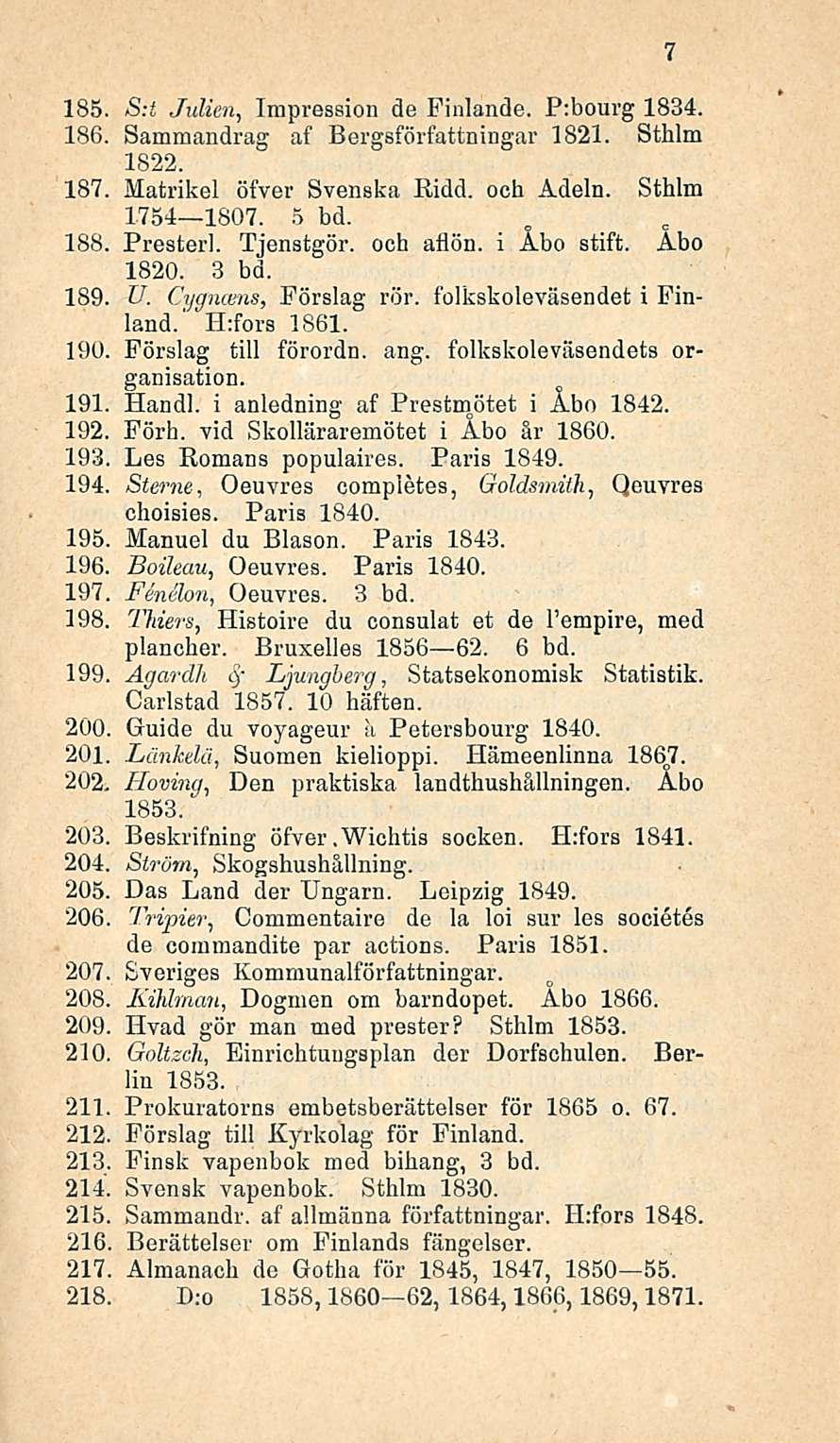 185. S:t Julien, Impression de Finlande. Ptbourg 1834. 186. Sammandrag af Bergsförfattningar 1821. Sthlm 1822. 187. Matrikel öfver Svenska Kidd. och Adeln. Sthlm 1754 1807. 5 bd. 188. Presterl.