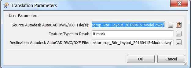 Välj den DWG-fil som ska transfomeras genom att klicka på följande symbol. I Feature Types to Read klicka på de tre punkterna och välj de lager från DWGfilen som ska tranformeras.