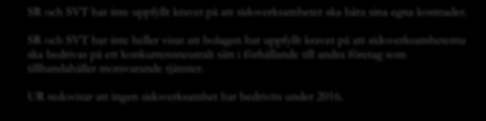 3.3. Sidoverksamheter Sidoverksamheter ska bära sina egna kostnader och bedrivas konkurrensneutralt SR och SVT har inte uppfyllt kravet på att sidoverksamheter ska bära sina egna kostnader.