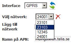 3.2 Anslutning via GPRS När WEB- sidan för anslutningar öppnas väljer man i Ansl. Via med hjälp rullgardinsmenyn GPRS. Inställningar GPRS Välj nätverk GPRS-nätets nätkd (Baserat på Operatör).