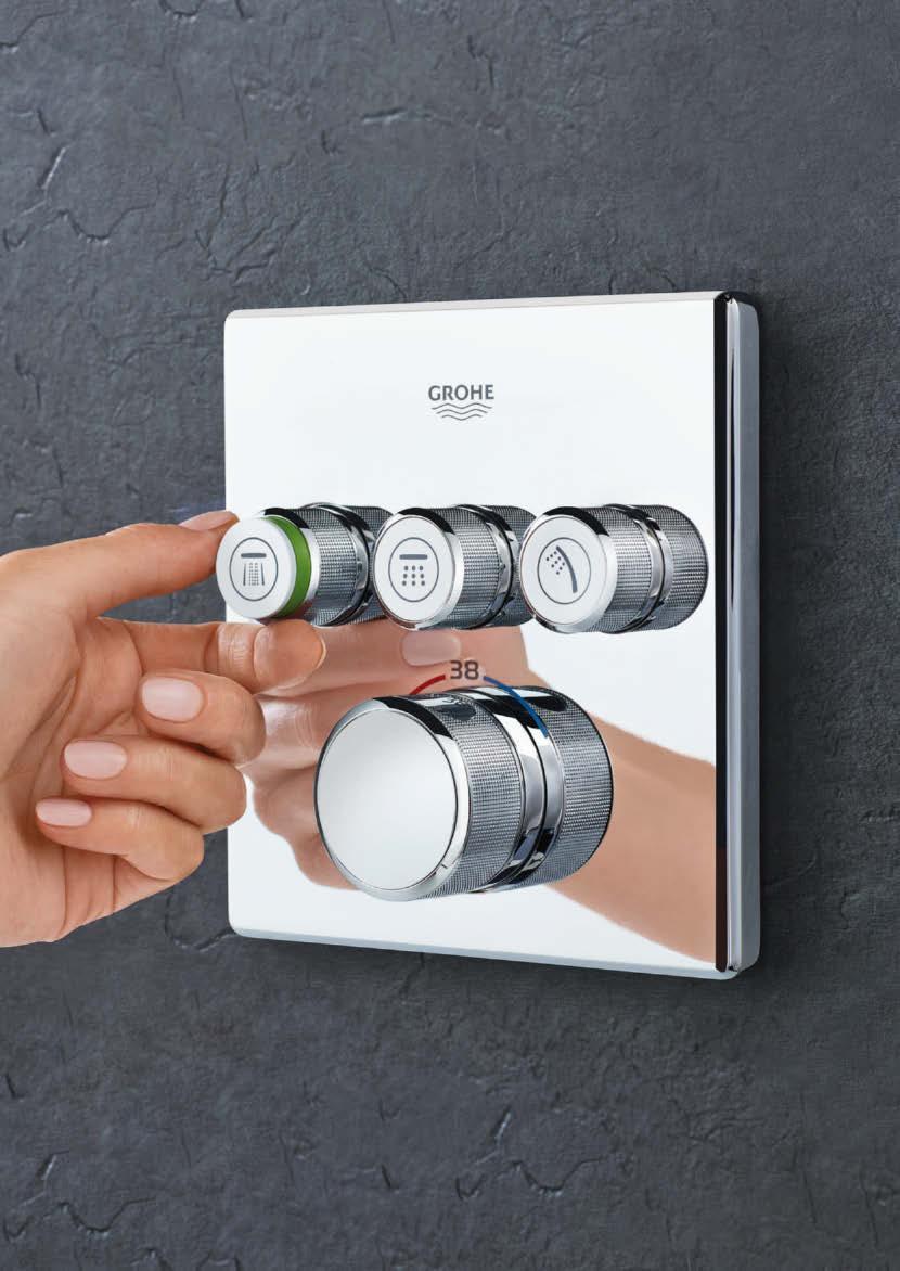 FÖRDELAR FRAMFÖR VÄGGEN METALLPLATTA, ERGONOMISKT GREPP Förutom den slanka designen använder GROHE SmartControl