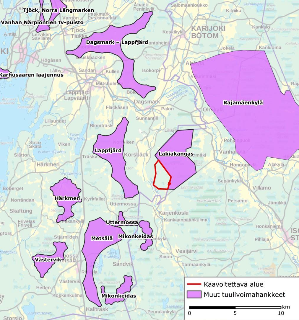 26, SMH17 20.9.2017 17:00 / Pykälän liite: 2017-8-1_Lakiakangas_DFV_PDB_KRS FCG SUUNNITTELU JA TEKNIIKKA OY PDB 13 (17) 1.8.2017 Bild 12 Läget för de närmaste kända vindkraftsparksprojekten i förhållande till Lakiakangas planeringsområde.