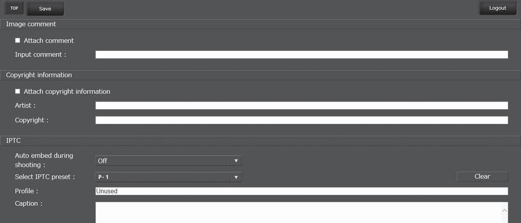 HTTP-server Textredigeringsfönstret Textredigeringsfönstret, som används för att redigera bildkommentarer, upphovsrättsinformation och IPTC-information som lagrats på kameran, kan nås genom att välja