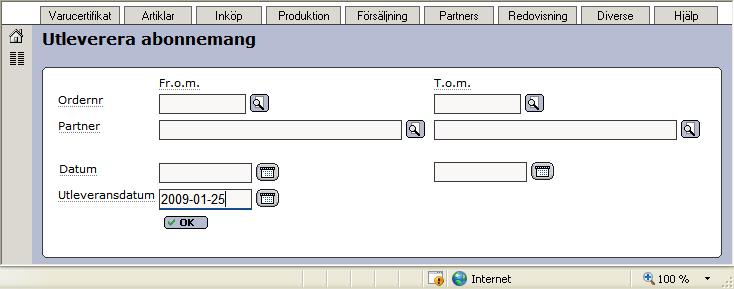 På vanligt sätt kan urval göras på Ordernr och Partner men möjlighet finns också att ange Datum.