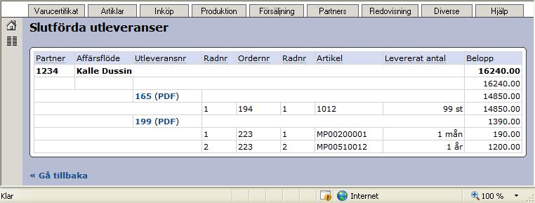 En kvittenssida med slutförda utleveranser visas. Vi har nu kommit fram till själva faktureringen.