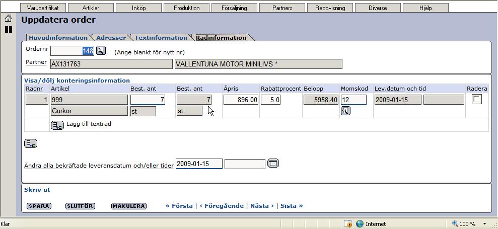 I Uppdatera artiklar har vi satt Ordermultipel till 4.