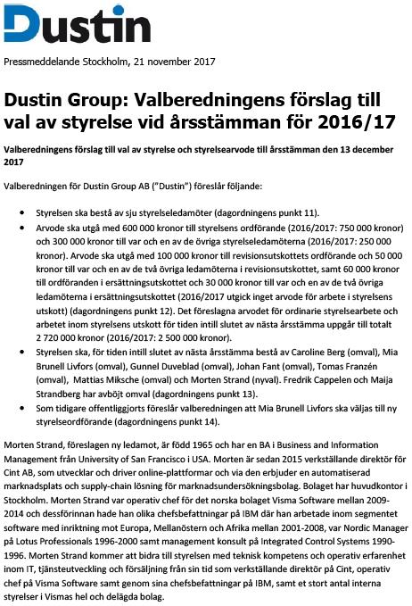 1. PRESSMEDDELANDEN DEN 21 NOVEMBER 2017 VALBEREDNINGEN