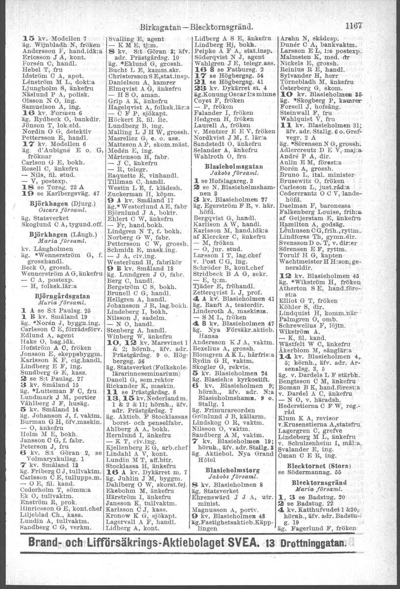 Birkagatan 15 kv. Modellen 7 ISvalling E, agent äg. Wijnbladh N, fröken - K M E, tj:m. Andersson F, hand.idk:a 8 kv, S:t Göran 3; ärv. Ericsson J A, kont. adr. Prästgårdsg. 10' Forsen C, hand!. äg. "Eklund G, grossh.