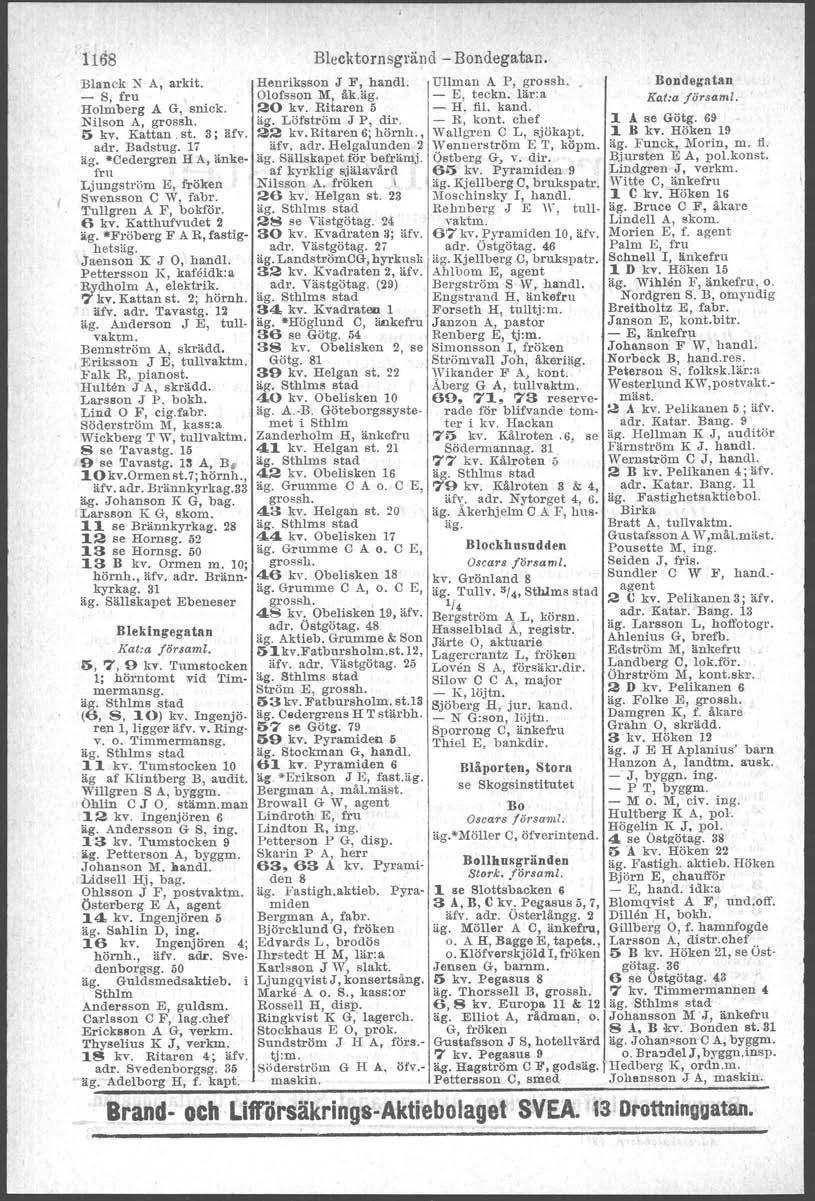 1168 Blanck N A, arkit. - S, fru Holmberg A G, snick. Nilson A, groseh. 5 kv. Kattan st. 3; äfv. adr. Badstug. 17 äg. -Cedergren H A, änkefru Ljungström E, fröken Swensson C W, fabr.