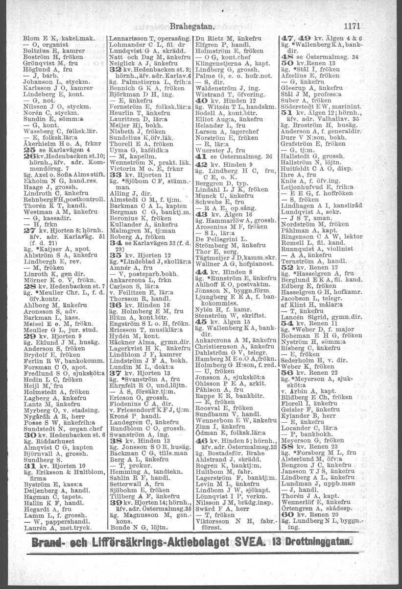 Brahegatan., 1171 Blom E K, kakel.mak. Lennartsson T, operasång. Du Rietz M, änkefru 4.7, 4.9 kv. Älgen 4 & 6 - O, organist Lolrmander C L, fil. dr Elfgren P, handl. äg. WallenbergKA, bankdir.