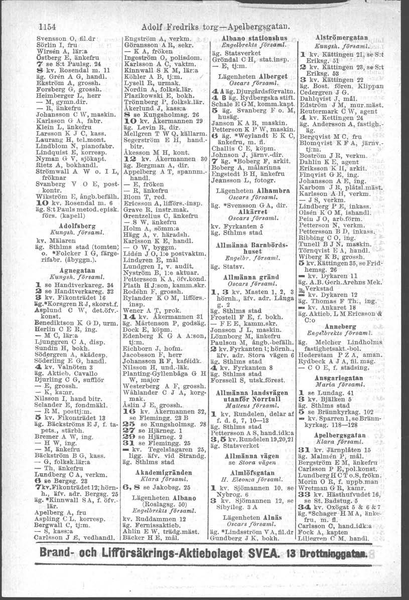 1154 ----------~-~-----.,.""=-~---------------~~:=-~ - Svensson O, :fil.dr Sörlin I, fru Wirsen A, lär:a Östberg E, änkefru 7 se S:t Paulsg. 24 8 kv. Rosendal m. Il äg. Gren A G, hand!