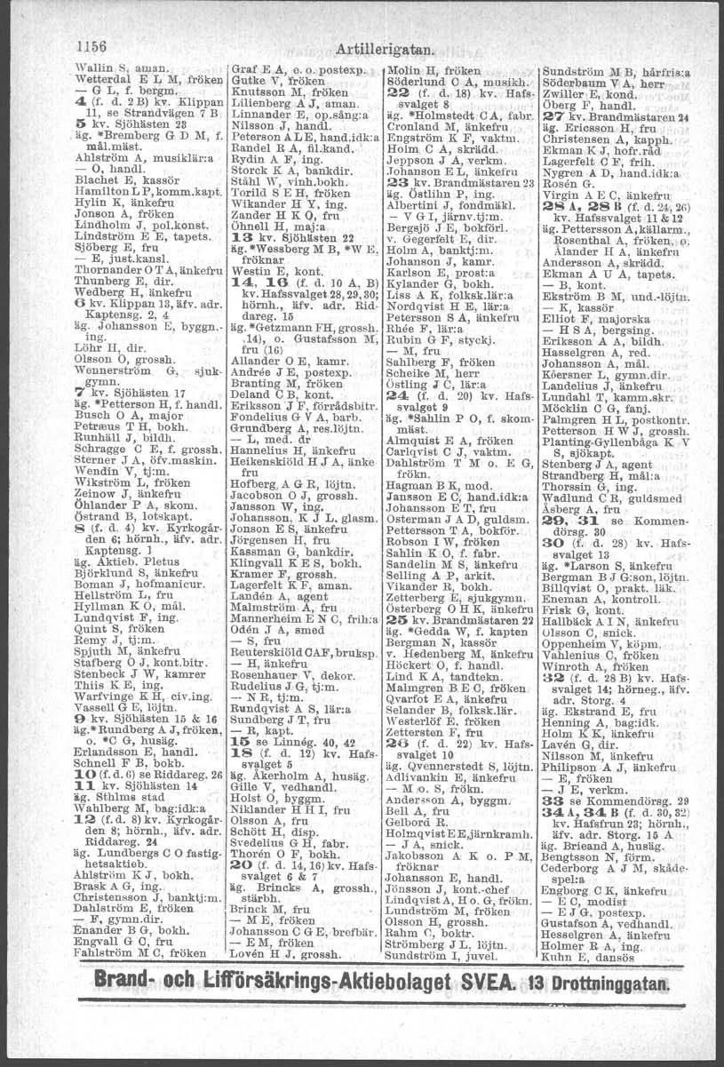 1156 Artillerigatan. Wallin S, aman.. Graf E A, e. o. postexp. Wetterdal E L!'II, fröken Gutke Y, 'fröken - G L, f. bergm. Knutsson M, fröken 4 (f. d. 2 Bl kv. Klippan Lilienberg A J, aman.