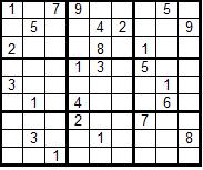 Figur 2.1.1: Exempel på Sudokupussel. McGuire et. al. (2013) skriver att det inte finns något Sudokupussel som har 16 eller färre startsiffror och att ett korrekt Sudokupussel har exakt en lösning.