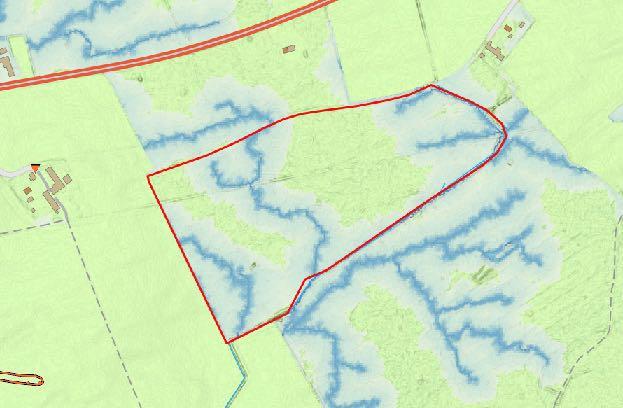 Skogsstyrelsens kartunderlag visar på ett par stråk med vattenförande områden.