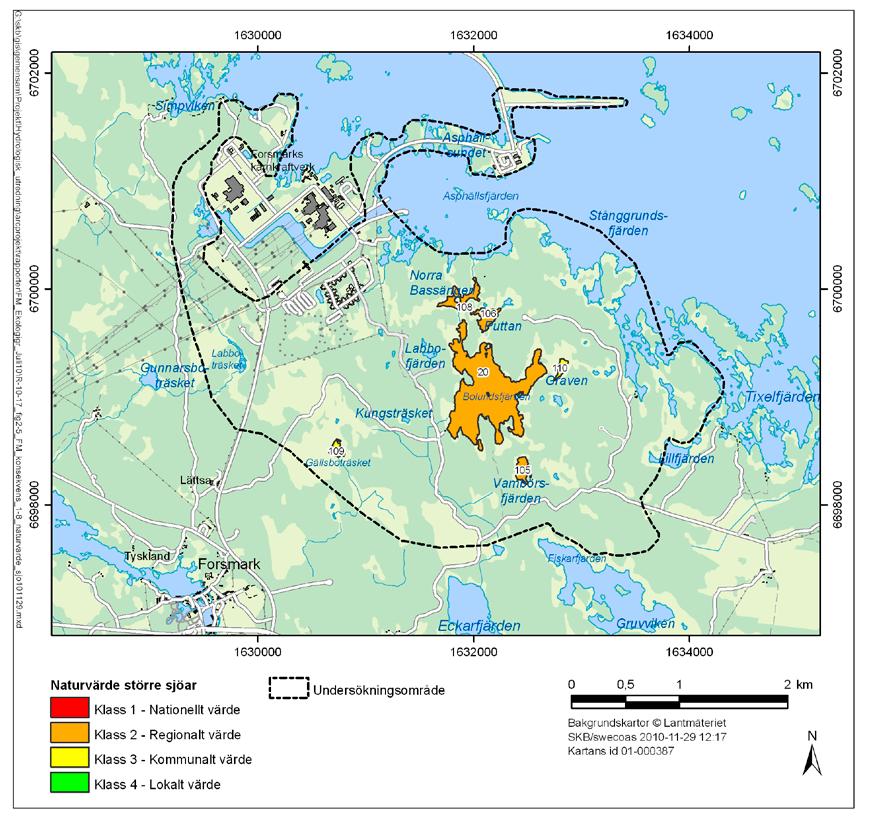 Figur 2-5. Naturvärdesklassade sjöar inom undersökningsområdet. Klassningen baseras på underlag från platsundersökningen. 2.2.4 Rödlistade arter Undersökningsområdet är rikt på rödlistade arter.