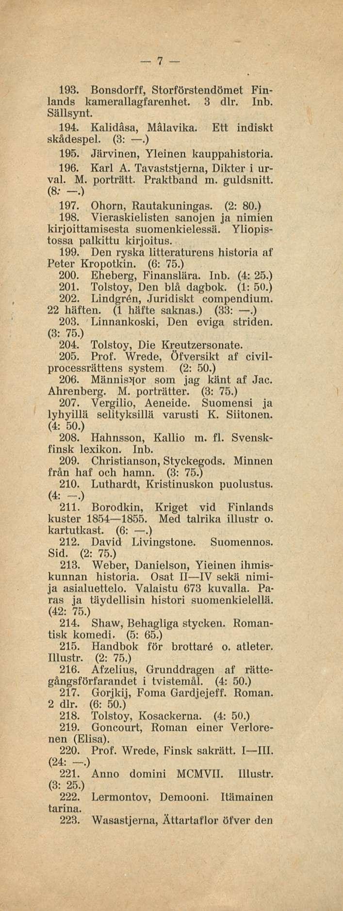 7 193. Bonsdorff, Storförstendömet Finlands kamerallagfarenhet. 3 dlr. Inb. Sällsynt. 194. Kalidäsa, Mälavika. Ett indiskt skådespel. (3:.) 195. Järvinen, Yleinen kauppahistoria. 196. Karl A.