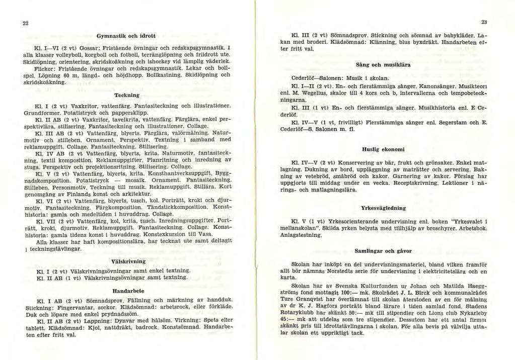 22, Gymnastik och idrott Kl. I-VI (2 vt) Gossar: Fristående övningar och redskapsgymnastik. I alla klasser volleyboll, korgboll och fotboll, terränglöpning och friidrott ute.